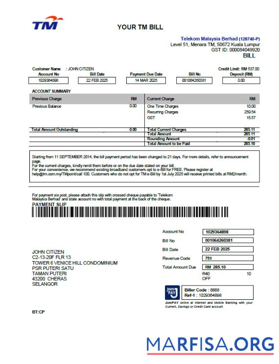 Blank Malaysia Telekom utility bill template in Word and PDF formats